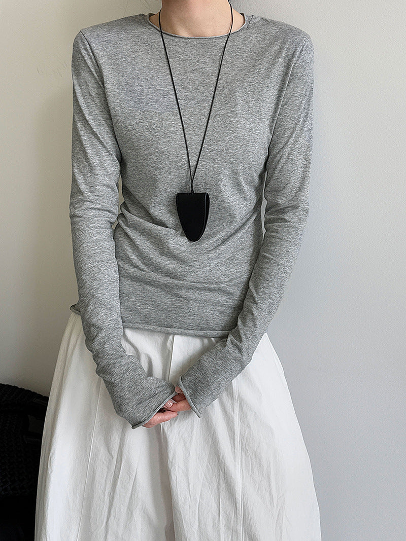Korean versatile curled round neck T-shirt bottoming shirt women's autumn new long-sleeved slim-fit top