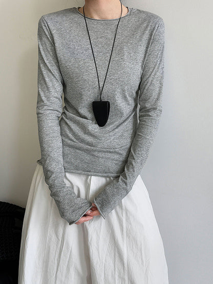 Korean versatile curled round neck T-shirt bottoming shirt women's autumn new long-sleeved slim-fit top
