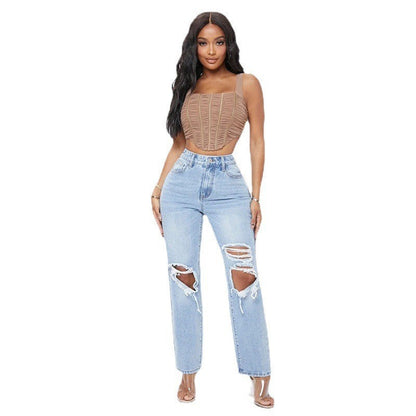 High-Waist Ripped Straight Leg Jeans