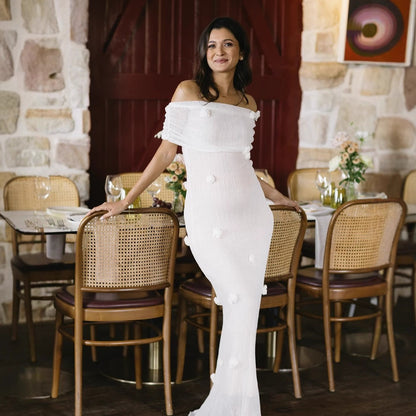 New holiday style tube top long dress design sense slim flower word shoulder dress