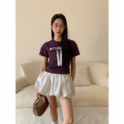 Early spring French slimming versatile slim bow short-sleeved T-shirt