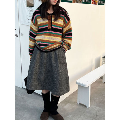 Korean striped polo neck sweater women's autumn and winter long-sleeved loose soft waxy knitted sweater colored top