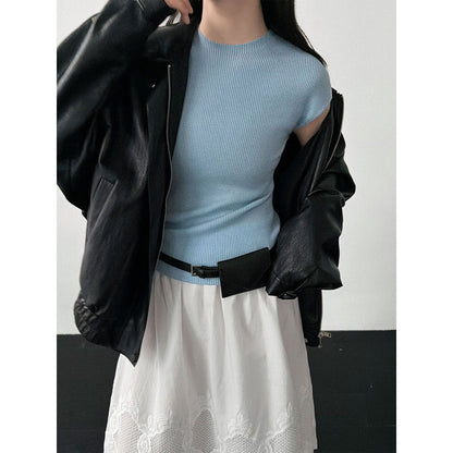 Simple slim temperament flying sleeves wool knitted top women's 26 spring new versatile T-shirt