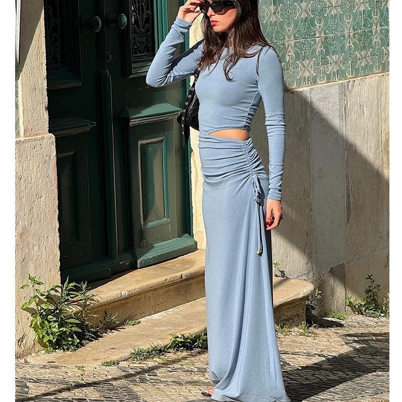 Crew neck long sleeve hip skirt hollow sexy waist pleated design dress style