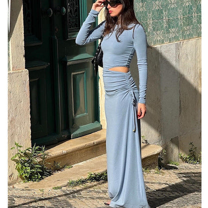 Crew neck long sleeve hip skirt hollow sexy waist pleated design dress style