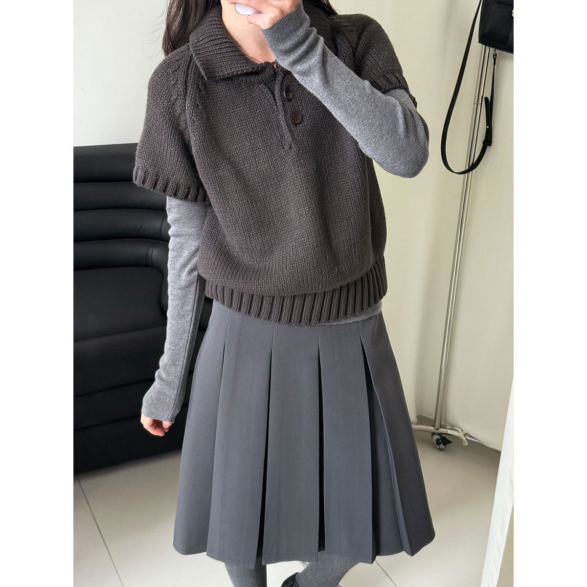 Korean simple Polo neck knitted sweater women's winter new temperament stacked wear thin short-sleeved sweater