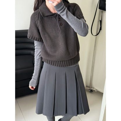 Korean simple Polo neck knitted sweater women's winter new temperament stacked wear thin short-sleeved sweater