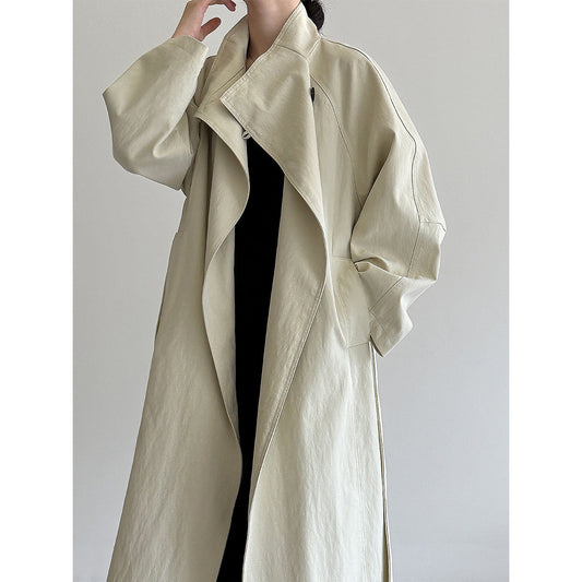 Korean high-end one-button stand-up collar loose coat women's autumn new medium and long trench coat