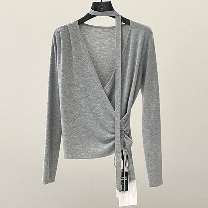 Drawstring design sense temperament Lyocell chest wrap slim streamer V-neck knitted sweater spring