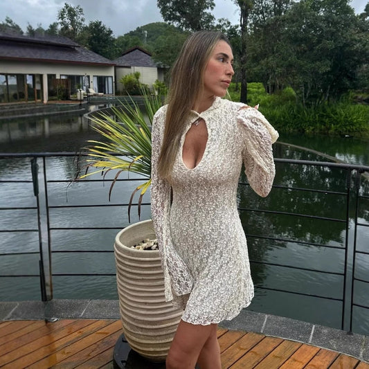 Hot-selling women's clothing summer new products fashion sexy lace hollow hip wrap horn sleeve dress women