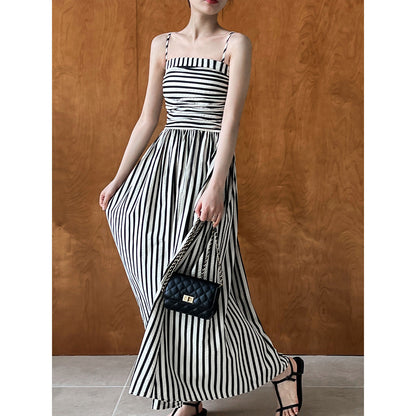 French striped tube top suspender dress for women's high-end off-the-shoulder pleated waist A-word long dress summer