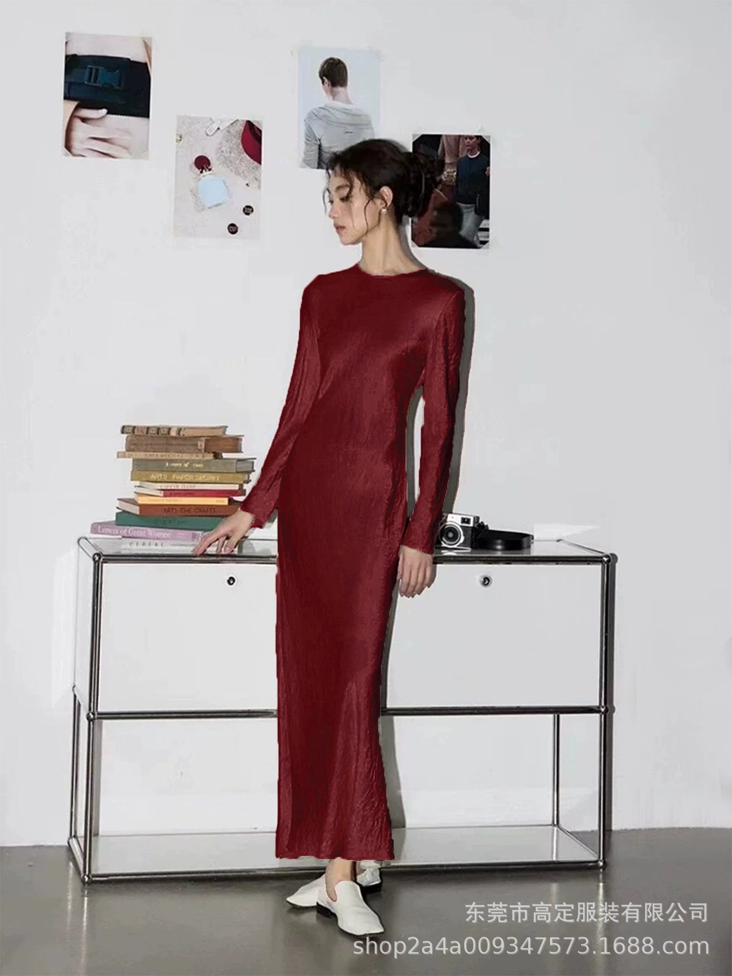 Spring and Autumn French Elegance Temperament Fashion Penny Extreme Satin Folded Long Sleeve Dress Women