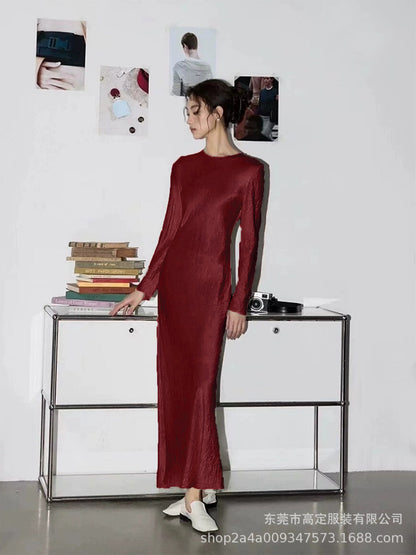 Spring and Autumn French Elegance Temperament Fashion Penny Extreme Satin Folded Long Sleeve Dress Women