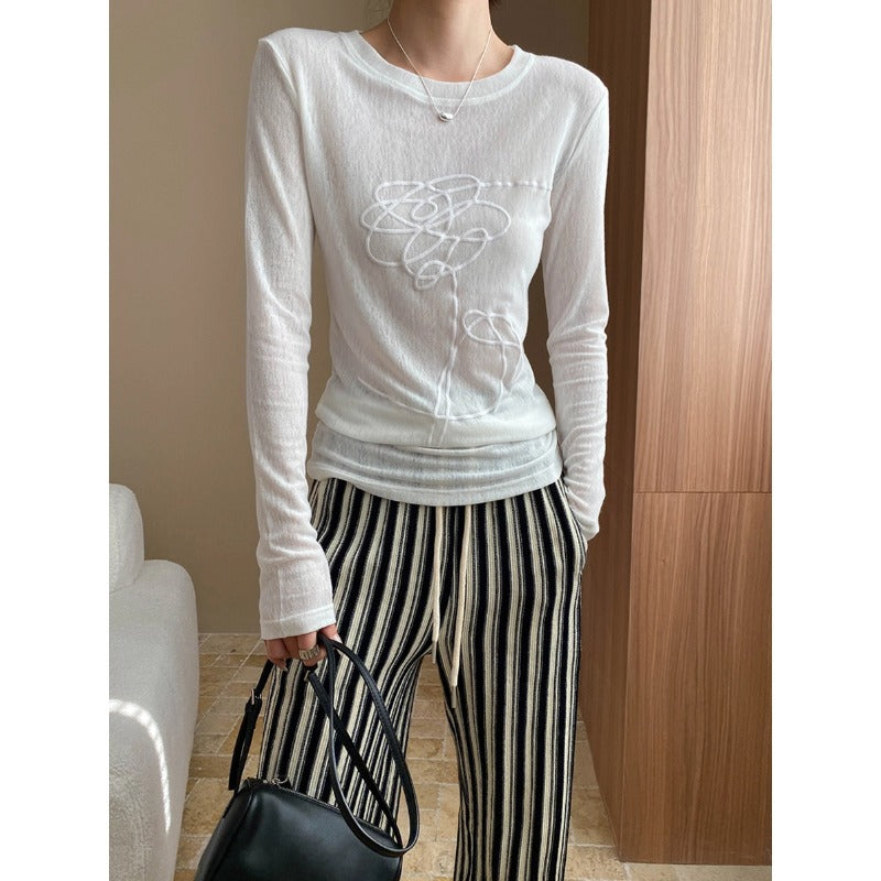 Round Neck Long Sleeve T-Shirt Women Sheer Pullover Mid-Length Top
