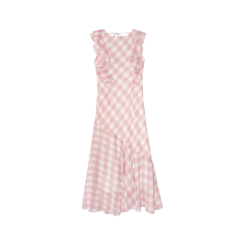French sweet and cute plaid waist ruffle edge fishtail dress