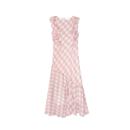 French sweet and cute plaid waist ruffle edge fishtail dress