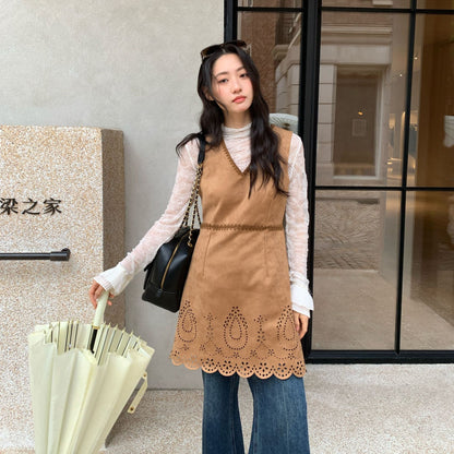 Hollow suede waist v-neck vest dress