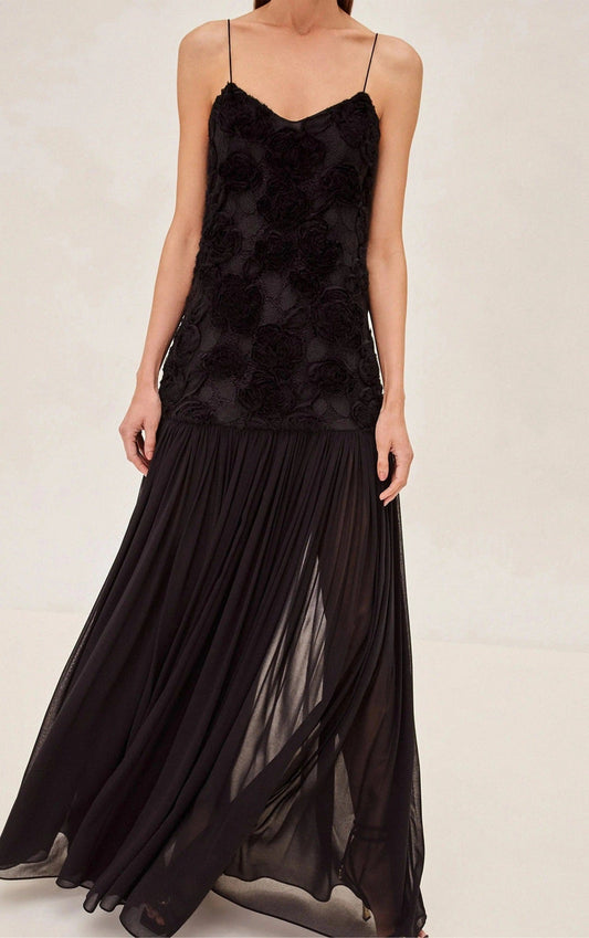 Women's new fashion celebrity chiffon long dress three-dimensional flower splicing suspender dress