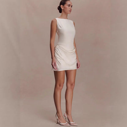 Sleeveless pleated strap short skirt new high-end design backless European and American dress