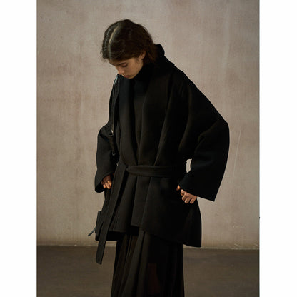Wool thermal bat silhouette simple commuter bathrobe collar strap double-sided jacket