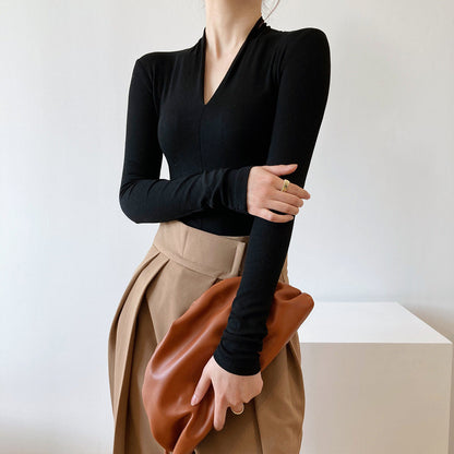 New Internet celebrity V-neck long-sleeved t-shirt female slim mind machine with bottoming shirt top