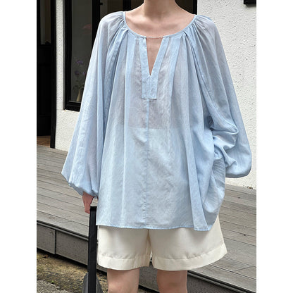 French double V-neck chain design lantern sleeve