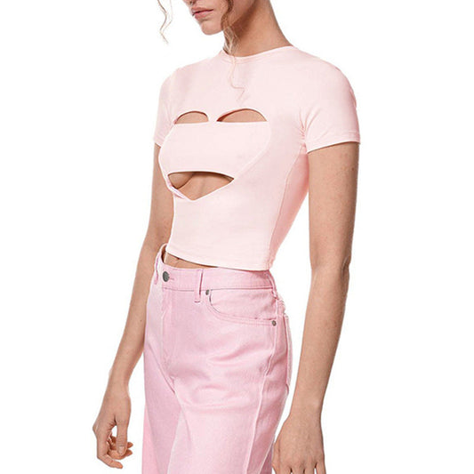 T-shirt short sleeve ripped sexy crew neck slim top bottoming shirt slim fit