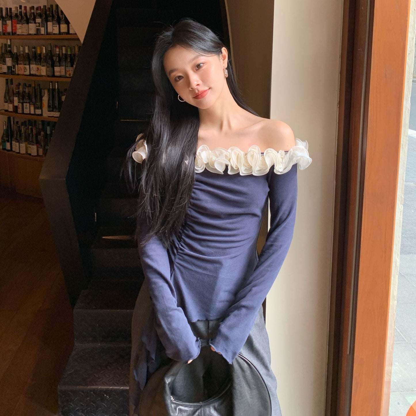 French pure lace one-word collar sexy backless bottoming shirt for women