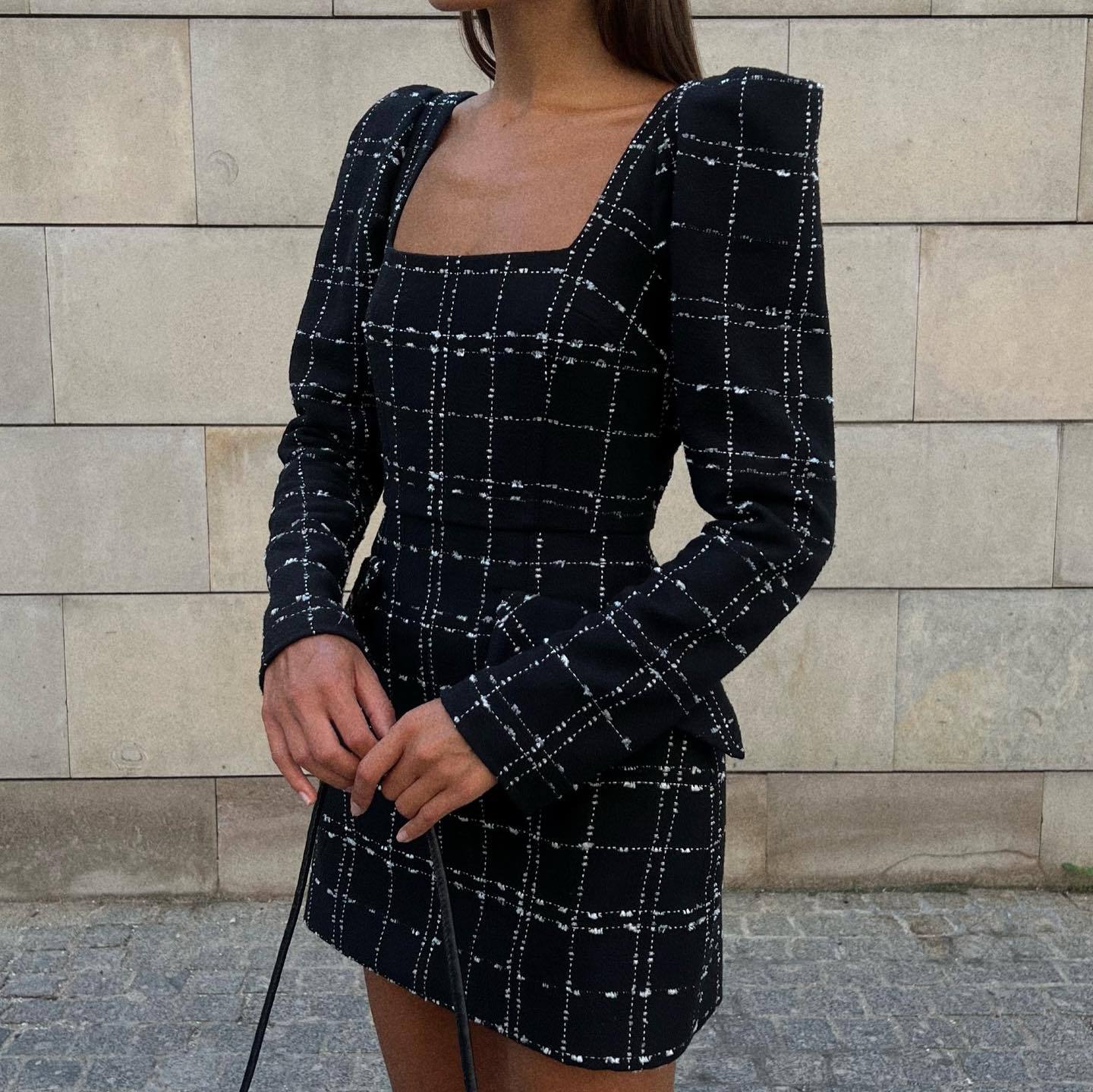 Fashion Xiaofengxiang slim-fitting long-sleeved plaid dress waist autumn and winter dress