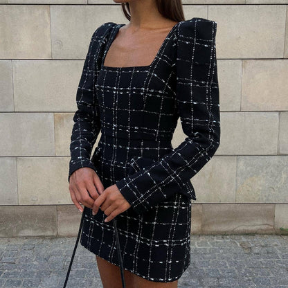 Fashion Xiaofengxiang slim-fitting long-sleeved plaid dress waist autumn and winter dress