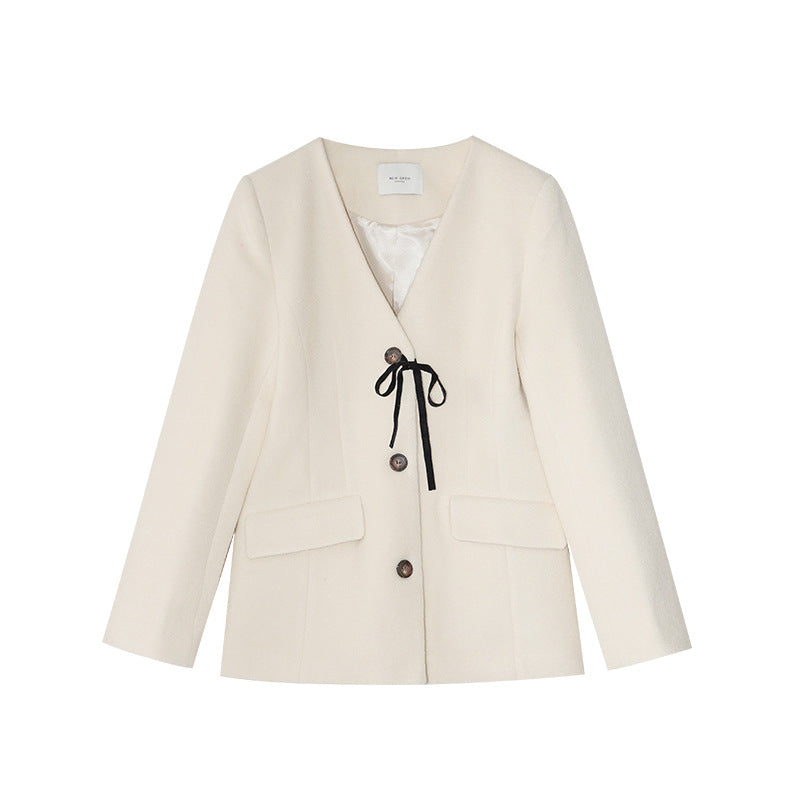 Small suit waist single row v-neck woolen jacket
