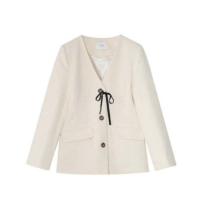 Small suit waist single row v-neck woolen jacket