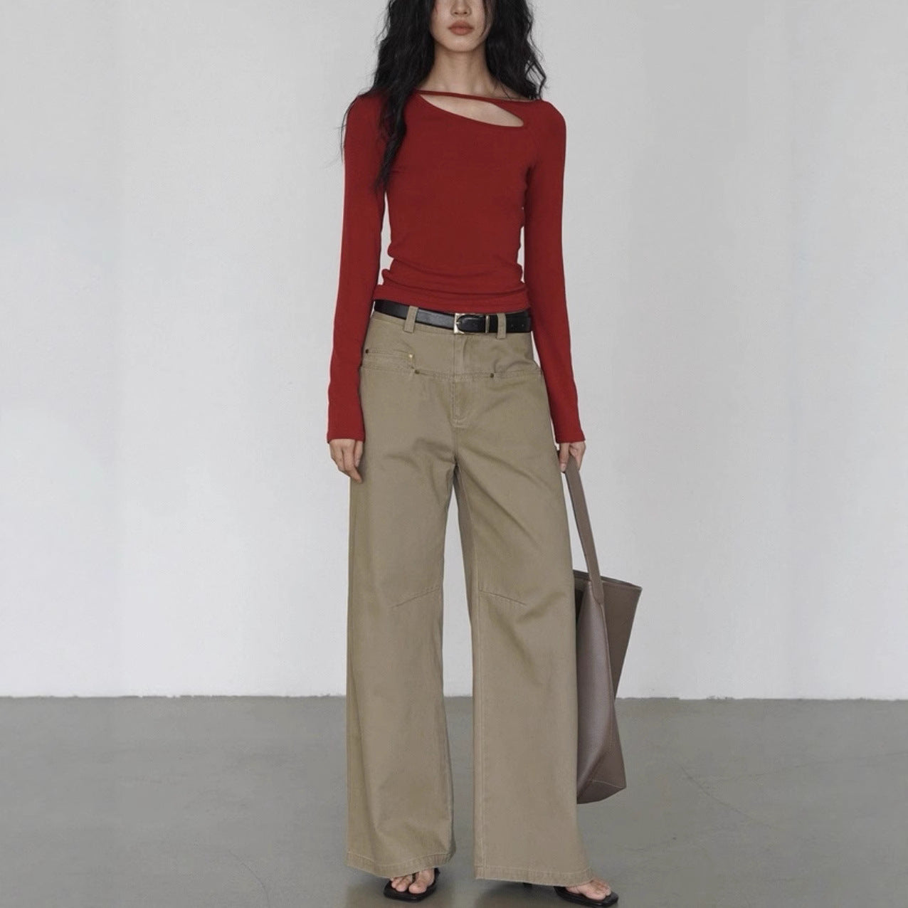 Red Asymmetric Cutout Long Sleeve Top | Slim Fit Spring Base Layer