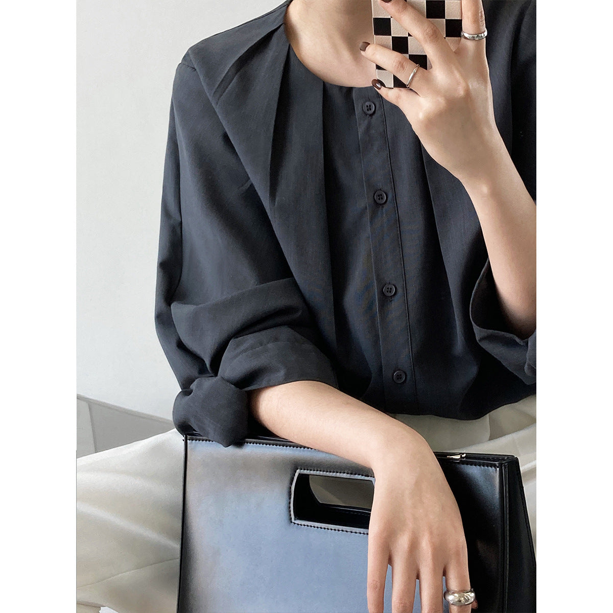 Cotton and linen texture lantern sleeve shirt