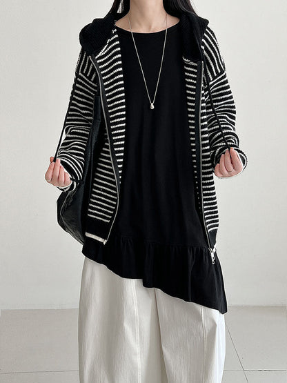 Korean splicing pendant splicing ruffle edge T-shirt women's early spring new design long-sleeved top