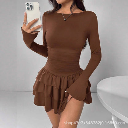 Slim Fit Midi Dress Women One-Shoulder Three-Quarter Sleeve Splicing