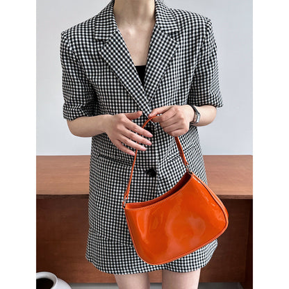 Plaid short-sleeve lightweight blazer + a-line skirt two-piece fashion commute set