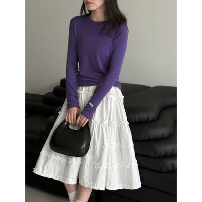 Soft waxy 28% Tencel wool loose high elastic long-sleeved bottoming shirt women's early spring simple inner T-shirt