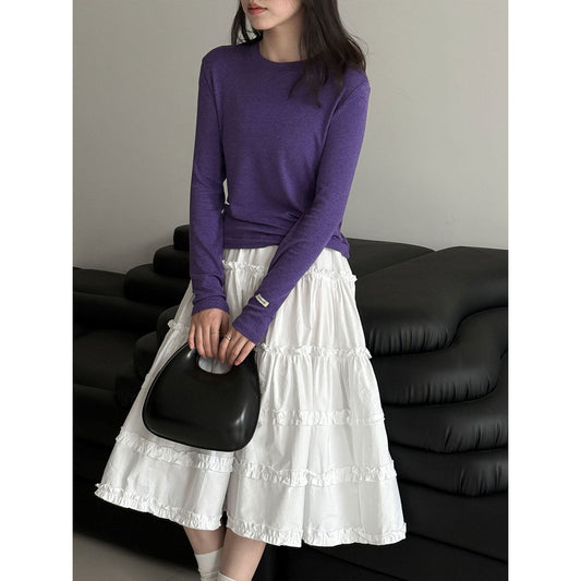 Soft waxy 28% Tencel wool loose high elastic long-sleeved bottoming shirt women's early spring simple inner T-shirt