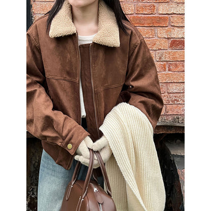 Vintage suede faux leather patchwork cropped jacket - women's winter warm cotton padded outerwear top 8556