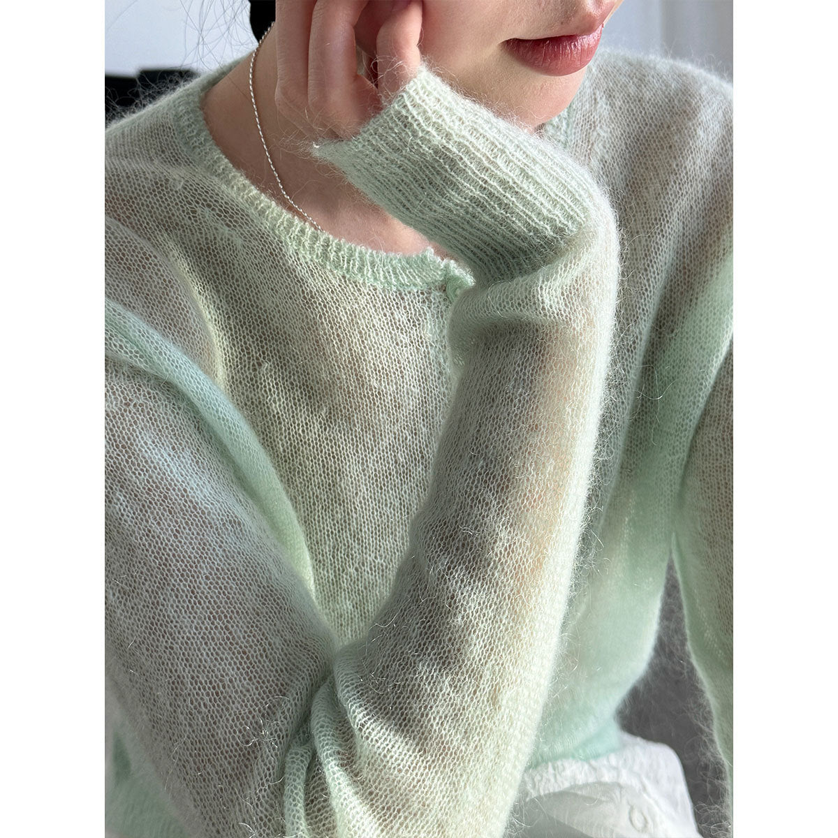 Early spring new mohair knitted cardigan women's thin slightly transparent gentle soft waxy outer coat