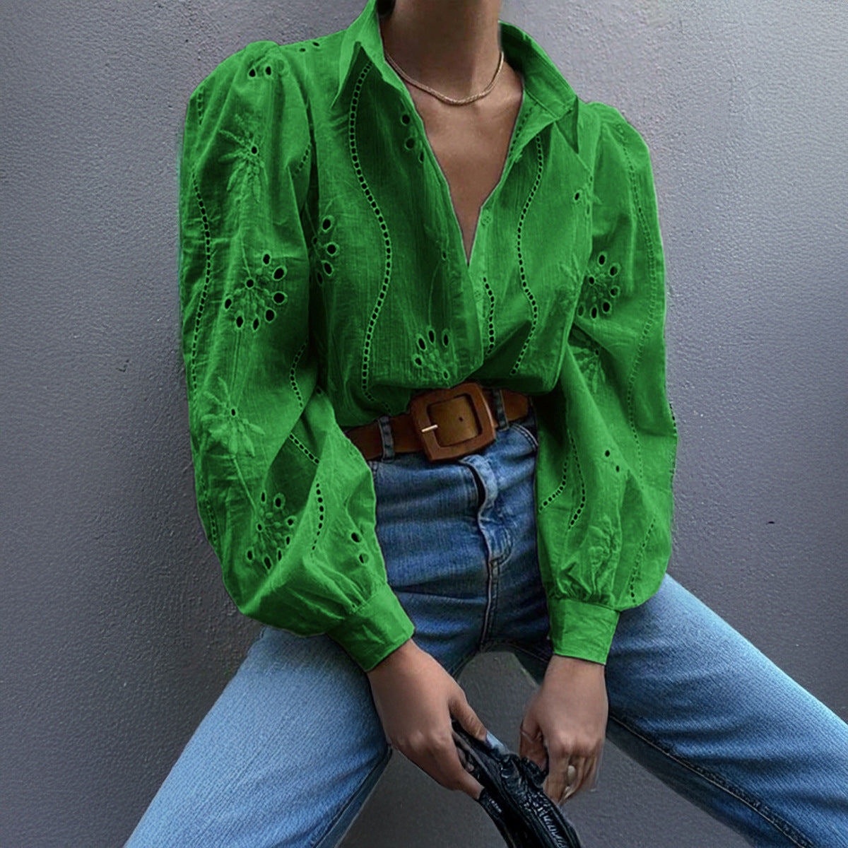 Lapel Long Sleeve Cardigan Women Regular Fit Puff Sleeve Hollow Blouse