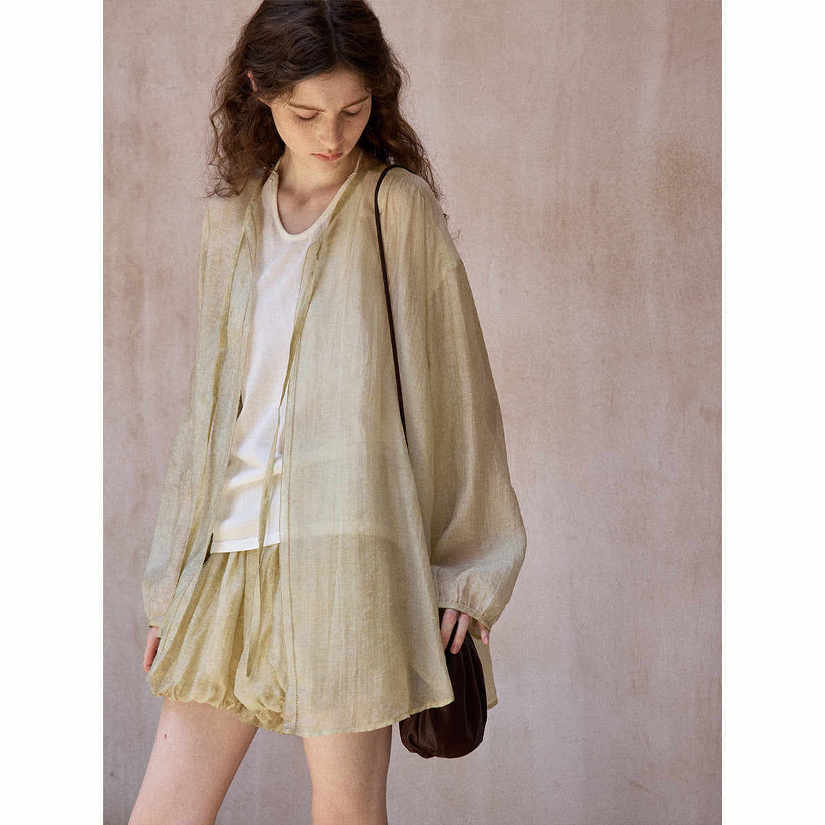Unique color frying process, natural mottled soft Tencel lace-up pleated cardigan jacket