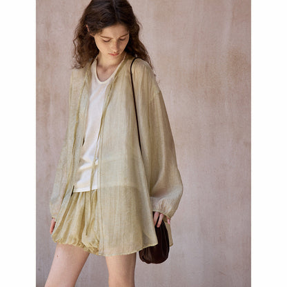 Unique color frying process, natural mottled soft Tencel lace-up pleated cardigan jacket