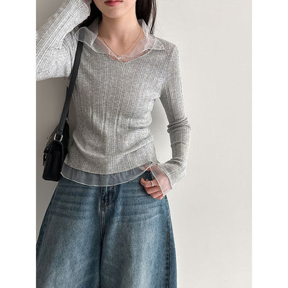Korean mesh splicing V-neck knitted bottoming shirt women's early spring wool thin pit strip T-shirt