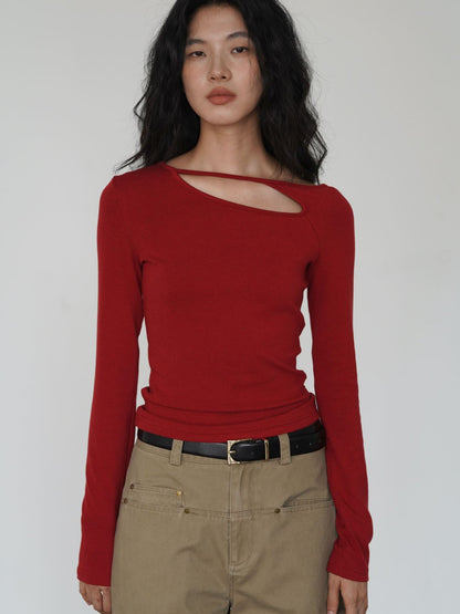 Red Asymmetric Cutout Long Sleeve Top | Slim Fit Spring Base Layer