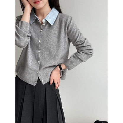Fake two-piece splicing knitted cardigan women's Spring Festival lazy wind contrasting color shirt collar wide top