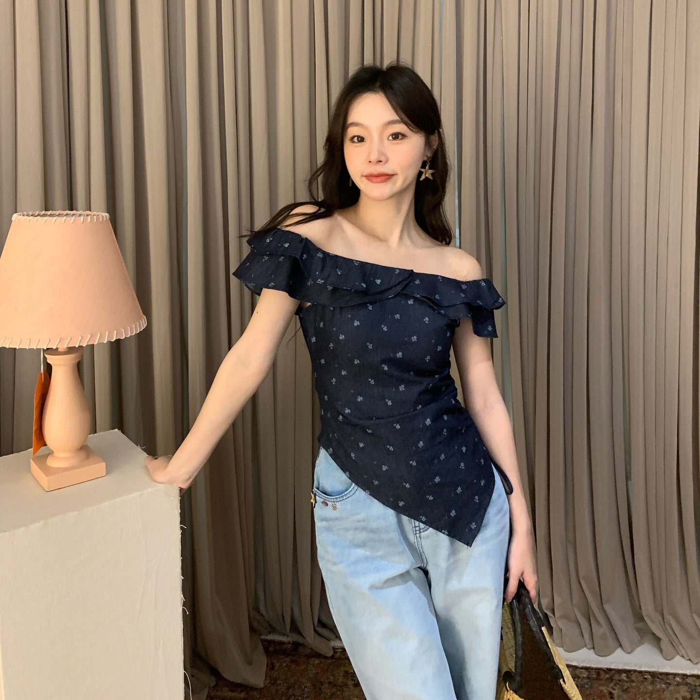 Spice girl shoulder sexy waist thin denim shirt