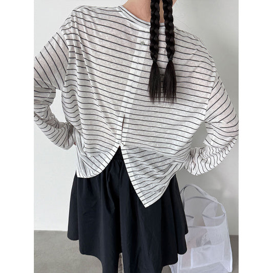 Simple lazy wind pinstripe crew neck loose top women's spring commuting long-sleeved T-shirt