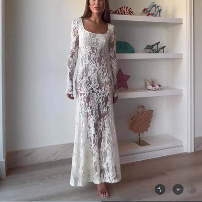 Fashion French sexy pure desire style lace dress hollow slim-fitting long-sleeved dress